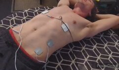 Bound muscle twink with electropads and nipple clamps cranked up high