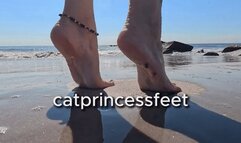 Beach feet, Coney Island beach walk, wet and sandy wrinkles, pretty, long toes, size 9 milf feet in long skirt, pink peach polish