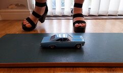 Giantess Lou crushes a Chevrolet Impala in big black chucky heels low ground view