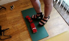 Giantess Lou crushes a 1990 Ford Taurus & Ford Grand Torino in big black chucky heels extra high view