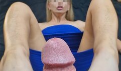 Anja in blue dress and high heels gives blowjob and fucking