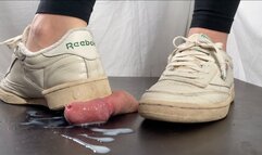 A Reebok Classic Shoejob - Tramplegirl crushes the cum out of his cock with the heel of her Reebok Club C85 Vintage sneakers - Footjob, CBT and Sneakerfetish