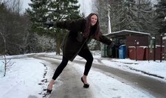 Girl on Heelless shoes walking on ice