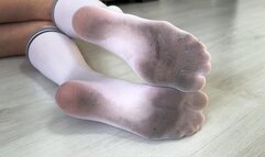 Dirty white socks, dirty knee socks, white socks posing, dirty nylon feet