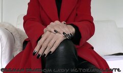 Lady Victoria Valente - Red coat, black leather pants, beautiful hands, black fingernails, close-ups, Joi