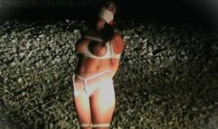 Gina Rae bound and gagged down by the railroad tracks