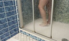 trampling on the thick shower mat