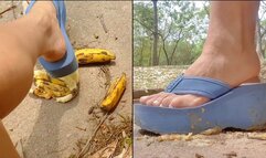 Crushing fruit in big flipflops