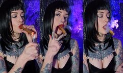 720p Smoking a Big Cigar in Black Vinyl Dress & Red Lipstick