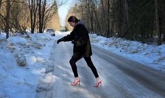 Girl on high heels on ice, flip flops on ice, mules on ice, high heels on ice, slippery high heels