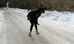 High heels mules on ice, girl on high heels on ice, girl walking on ice, sandals on ice, slippery shoes on ice