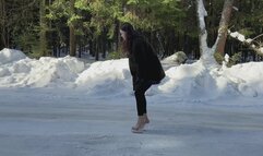 Alena in clear strip platform shoes walking on very slippery ice, girl on ice, walking on ice in high heels