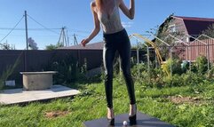 Girl in super high heels crushes a lot of eggs