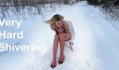 Very Hard Shivering on Snow, Goosebumps all Over the Skin, Shivering Girl, Barefoot on Snow