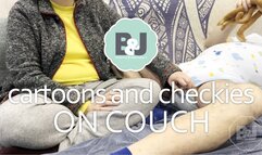 Cartoons and checkies on couch