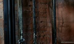 Slave in dungeon cage is beaten with Madame Sarka’s leather belt