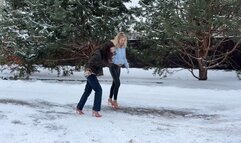 Two girl on high heels mules walking on snow and ice, slippery high heels, flip flops on ice, high heels on ice