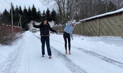 Two girl on high heels mules walking on ice, slippery high heels, girl on high heels on ice