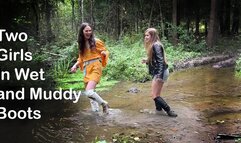 Two girls in high heels boots in mud and swamp, wet boots in mud, muddy high heels boots