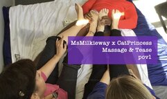 The double foot massage and dick tease before MsMilkieway and CatPrincess drain MrMarathon, pov2, plus bts scenes