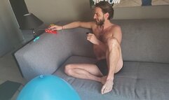 Julien blow and burst balloons