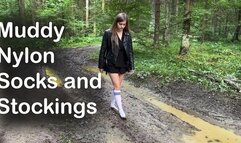 White nylon socks in mud, black stockings in mud, muddy knee high white socks, muddy nylon