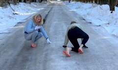 High heels on ice, girls on high heels on ice, slippery high heels, high heels sliding on ice