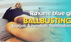 Roxane blue gi ballbusting footjob and handjob domination