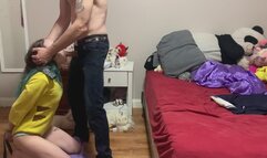 teen gets blindfolded and tied up step dad uses her mouth and feet on his big cock