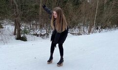 Platform on snow, wooden shoes walking on snow, girl walking on snow, high heels on snow