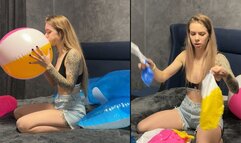 Chloe the cheater blows and pops two beach balls