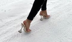 Clear slingback on ice, snow walk in sandals, snow walk on high heels, clear high heels, girl on snow