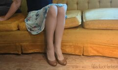 Fifi dangling brown leather heels in nude nylons telling you how obsessed you are replay