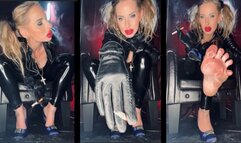 Chain smoking in pvc Leather gloves and high heels