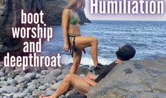 Humiliation slave on a beach with training his throat, spanking and boot worshiping