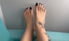 My bare feet with long toes, black toenail polish, worship my toes