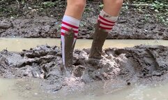 White nylon socks in mud, knee high socks in mud, muddy white socks, girl in mud, messy socks