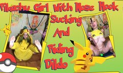 Pikachu girl with Nose Hook blowjob and rubbing her pussy about big dildo