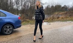 girl in high heels walking on sticky and slippery mud, getting her heels dirty and stuck in it (reupload)