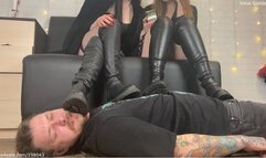 My friend and I using My slave as a footrest under our boots