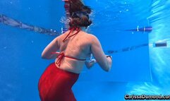 Carissa in the shiny red stockings and cherry bikini top dancing underwater part two with nudity