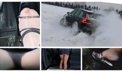 HOT: Crazy drift really hard braking and amazing upskirt in powerful Volvo in deep snow