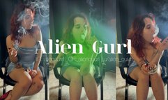 Sexy Baby Blue Satin Dress & Cork Cigarette Smoking | Alien Girl