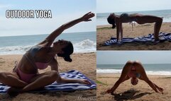 Hatha yoga and balance in bikini at the ocean