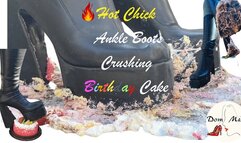 Dom May with Ankle Boots Crushing Birthday Cake for Her Slave