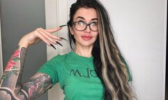 Finger snapping and sucking fingers with green long nails, long hair, glasses and face