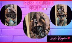 Classic Smoking BBW Goddess in Blue Corset Fishnet and Satin Pumps chain-smoking - cigarette holder | 4K