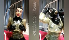 Latexlady Naomi Rouge tries on 5 gasmasks