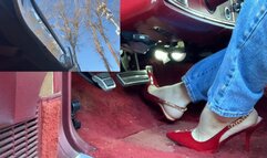 Cranking and revving the tbird in red high heels with no pantyhose