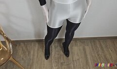 SpandexQueen sucks balls in her black + white spandex suit and drains his balls on her mask